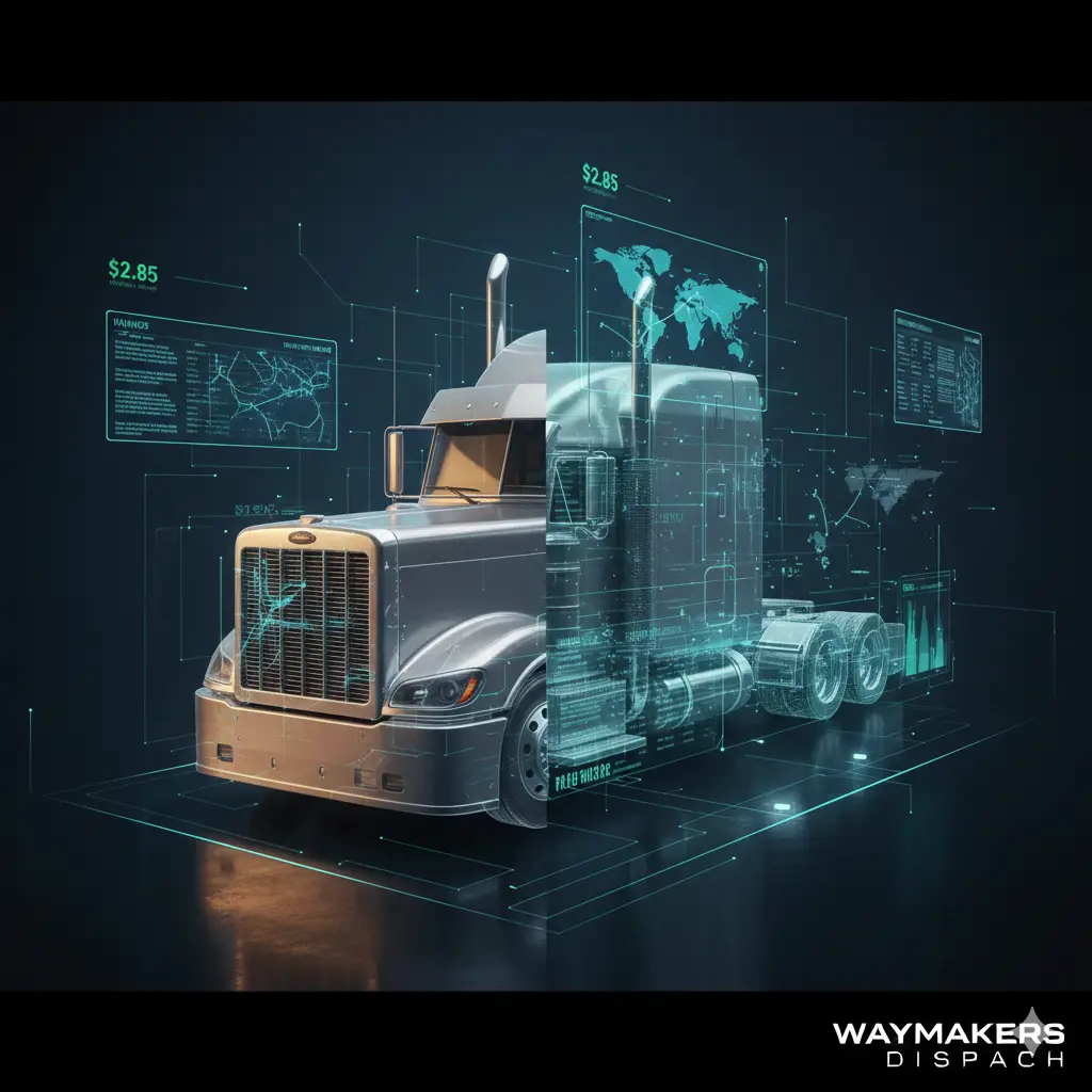 A fleet of modern semi-trucks operating under Waymakers Dispatch, representing scalable trucking logistics and fleet growth solutions for owner-operators.